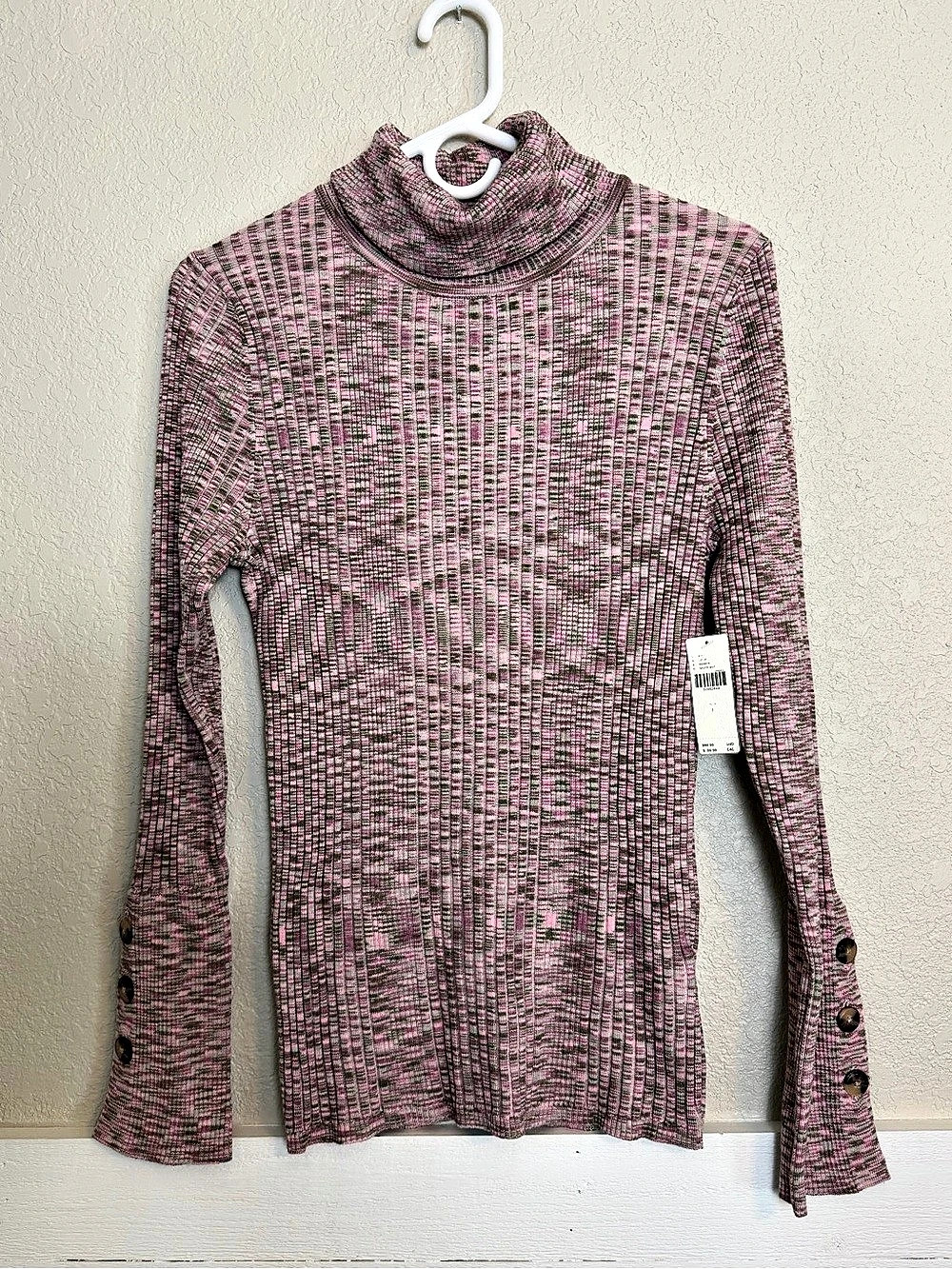 Anthropologie Button-Sleeve Turtleneck Long Sleeve Top Pink & Green Size Large